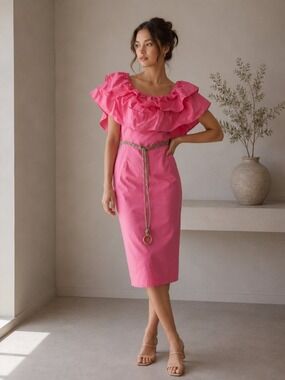 *Rinascimento Pink Ruffle Off-Shoulder Midi Dress with Rope Belt Size M 0568